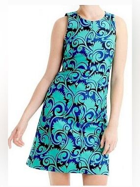 J. Crew Teal and Blue Baroque Print Sleeveless Shift Dress
